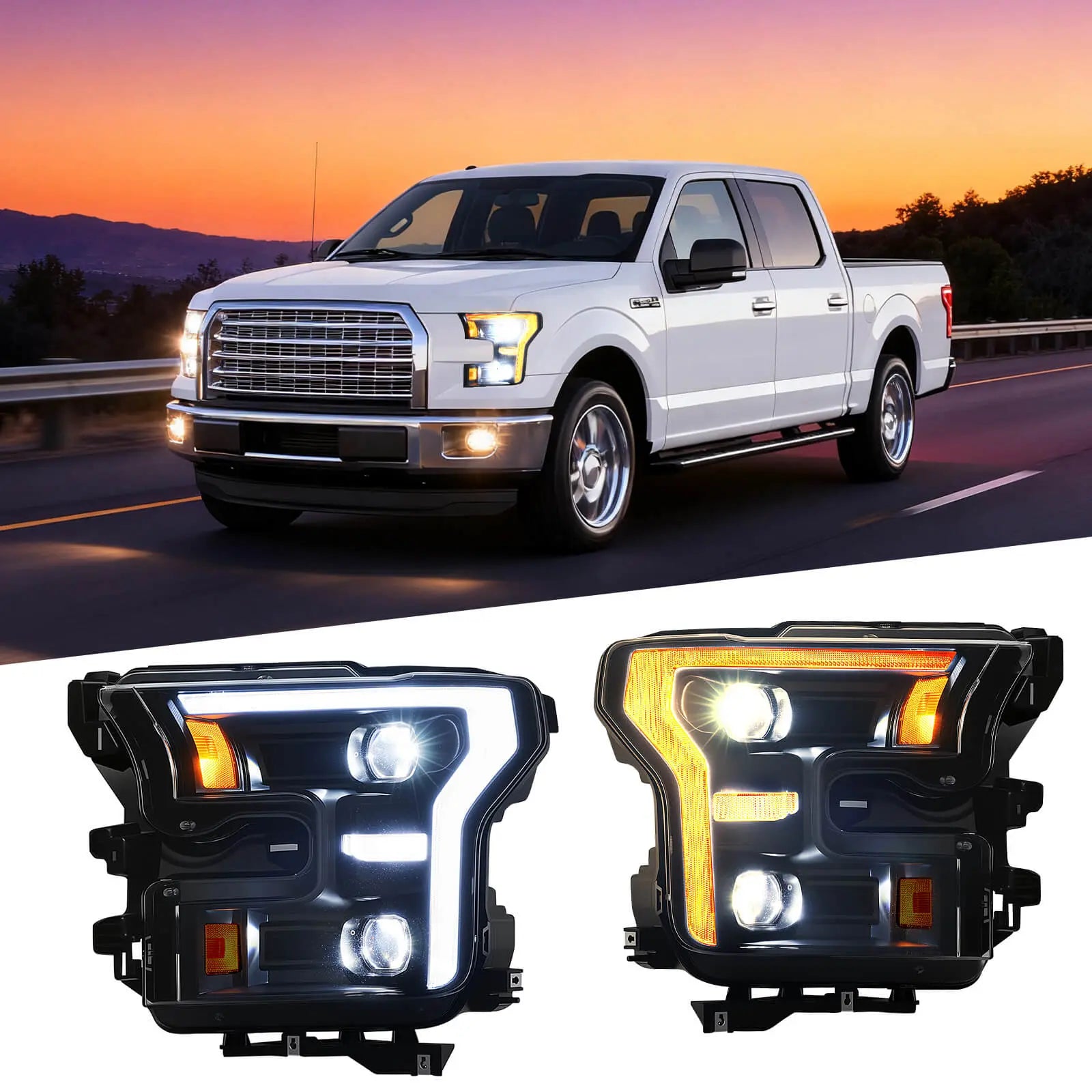 This image shows the 2016 ford f150 headlights installed on a white truck, and a close-up of the dual-color DRL feature (white and amber).