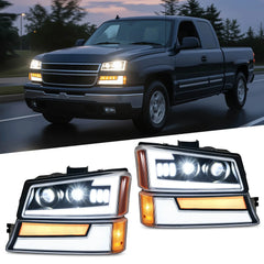 Chevy Avalanche headlight upgrade shown on a black truck at dusk, with the LED assembly pair pictured below.