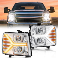 Headlights assembly for Chevy Silverado 1500 2500 HD 3500 HD 2007-2013, Headlight Assembly Pair with LED DRL Turn Signal & Clear Lens, Anti-Glare & Wateproof Head Light Assembly Set, Chrome | Hawkglow