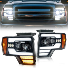 A close-up of the black housing LED headlights installed on a Ford F-150 and a separate view of the product pair.