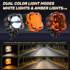 4.5In 172W LED Light Pods, Offroad Square Driving Light with Ring Style Amber DRL, 270° Wide Range Super Bright Side Shooter White Hyper Spot Beam Universal Lights with Amber Covers-2PCS | Hawkglow