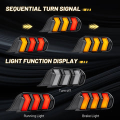 Fit For 2015-2023 Ford Mustang LED Tail Lights Assembly、Rear Brake Lamp w/Sequential Signal Light、Black Housing Smoked Lens, 2 PCS (Driver and Passenger Side) | Hawkglow