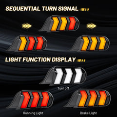 Fit For 2015-2023 Ford Mustang LED Tail Lights Assembly、Rear Brake Lamp w/Sequential Signal Light、Black Housing Clear Lens, 2 PCS (Driver and Passenger Side) | Hawkglow