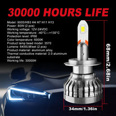 FLASHARK 9005/HB3 H4 H7 H11 H13 LED Headlight Bulbs , 80W£¬6000K  White, 6400 LM Per Set, Super Bright and Penetration,Plug and Play, Halogen Replacement DRL Bulbs 2 Packs Flashark