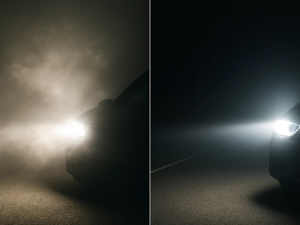 Car with problematic LED headlight beam pattern next to car with perfectly adjusted LED headlight beam pattern