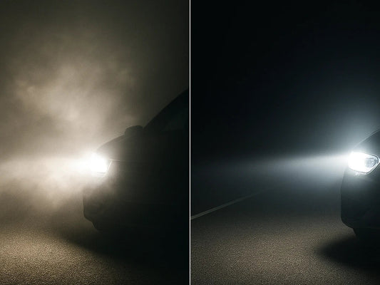 Car with problematic LED headlight beam pattern next to car with perfectly adjusted LED headlight beam pattern