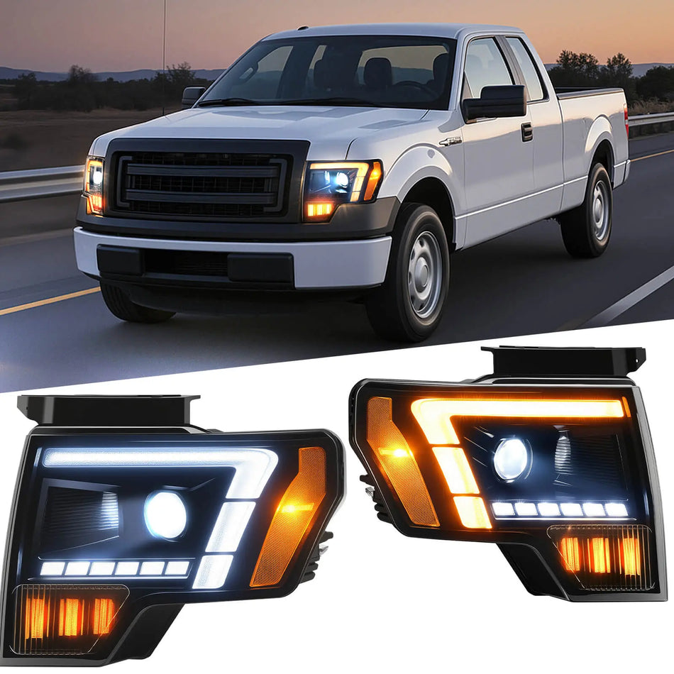 Composite image showing the installed look of this 2012 f150 headlights replacement on a white truck, with the product pair below.