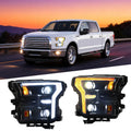 This image shows the 2016 ford f150 headlights installed on a white truck, and a close-up of the dual-color DRL feature (white and amber).