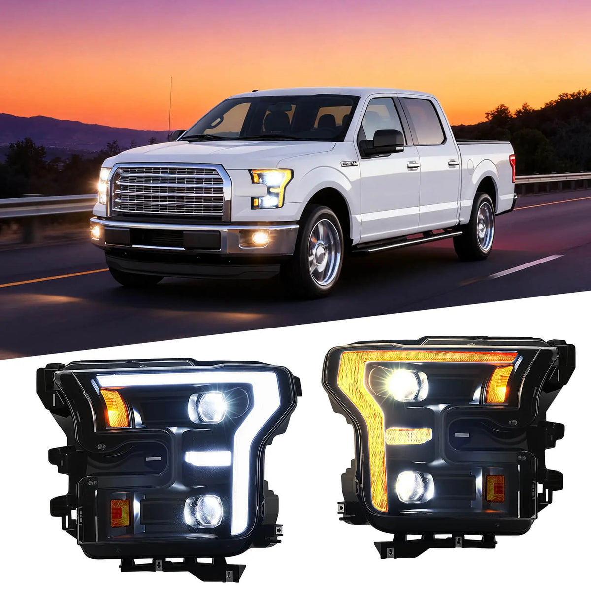 This image shows the 2016 ford f150 headlights installed on a white truck, and a close-up of the dual-color DRL feature (white and amber).