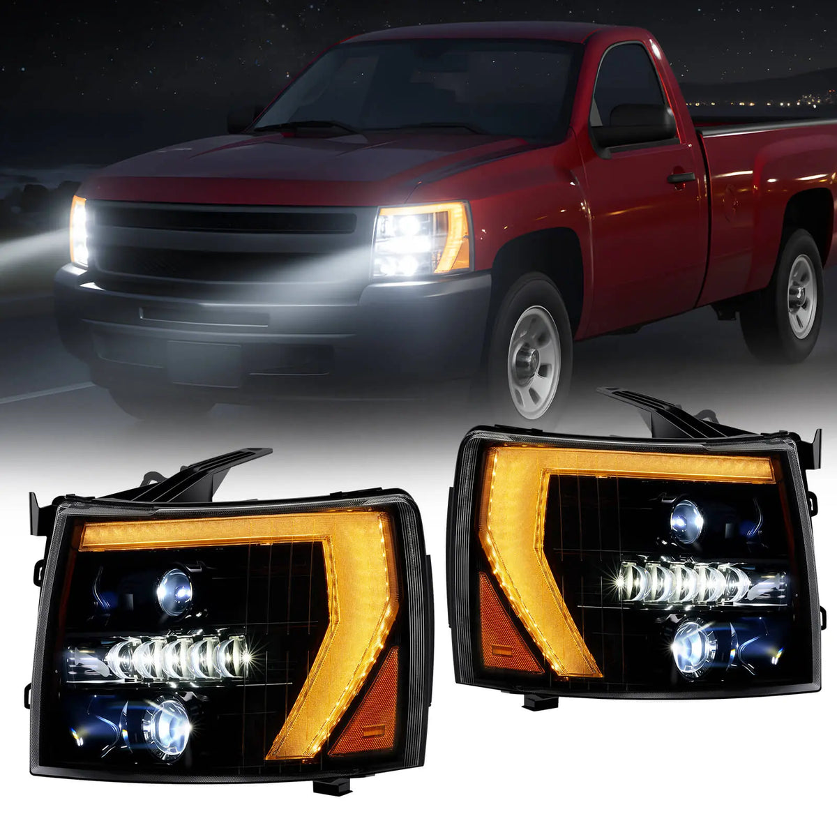 600% Bright LED Headlights Assembly, Fit For 2007-2013 Chevy Silverado 1500, 2007-2014 Chevy Silverado 2500 3500 2500HD 3500HD, DRL/Turn Signal/Side Maker/Low Beam w/ Bulbs (NOT for GMC) | Hawkglow