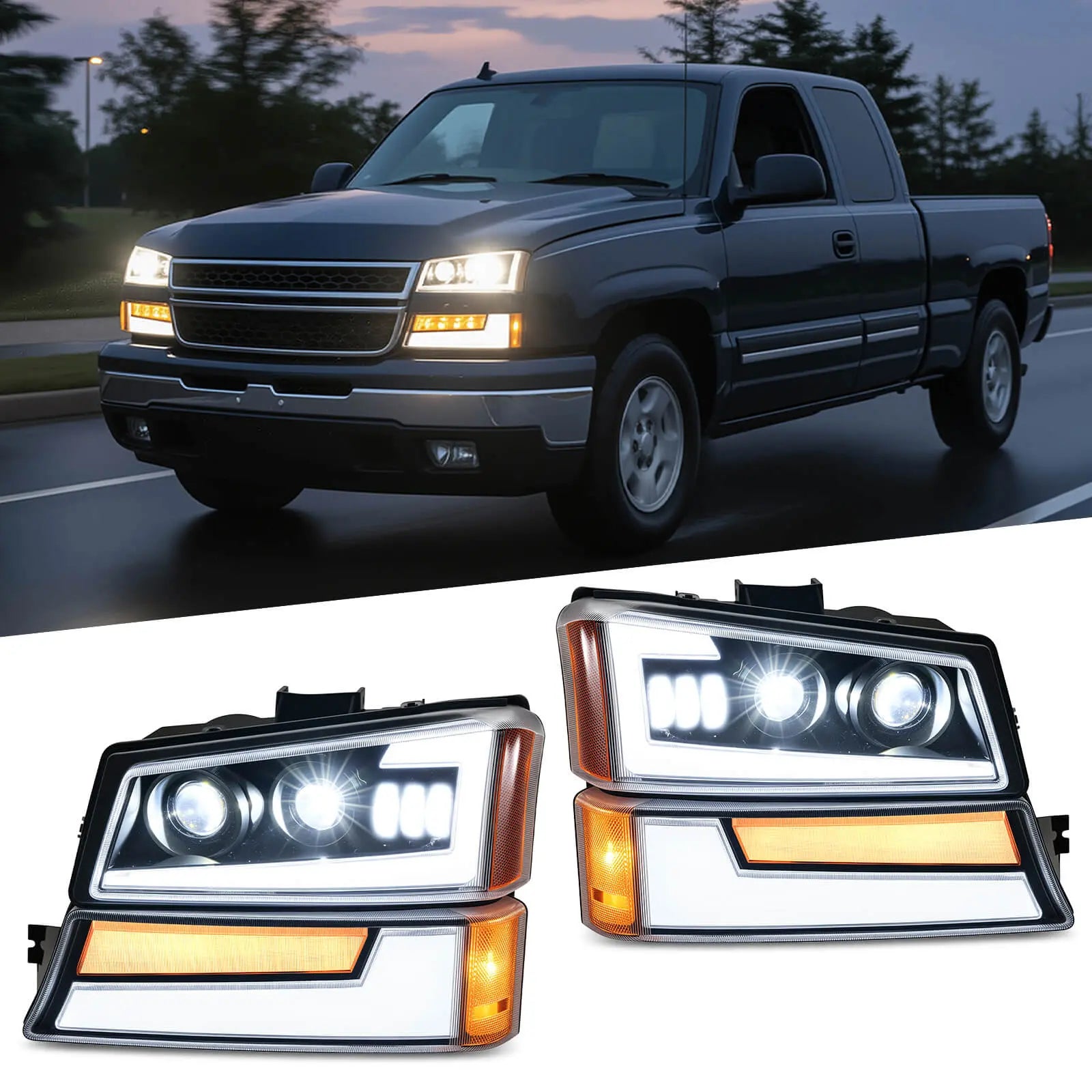 Chevy Avalanche headlight upgrade shown on a black truck at dusk, with the LED assembly pair pictured below.