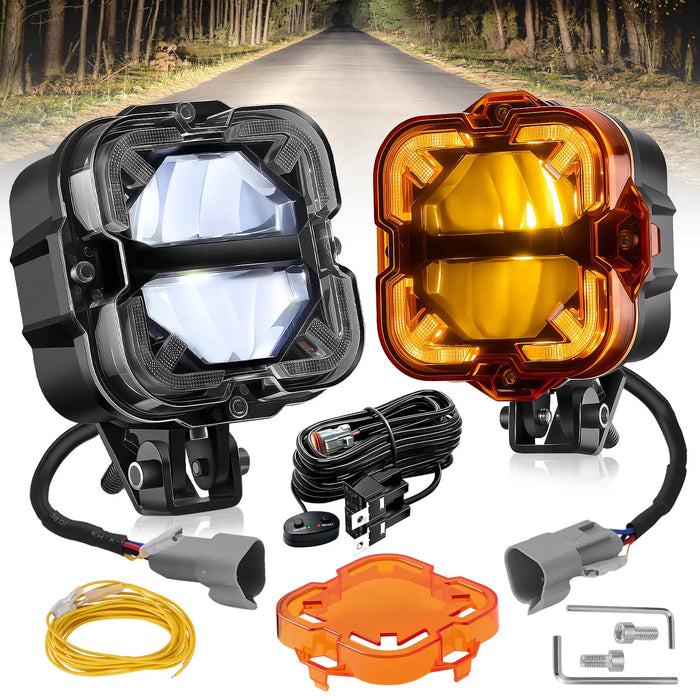 4.5In 172W LED Light Pods, Offroad Square Driving Light with Arrow Style Amber DRL, 270° Wide Range Super Bright Side Shooter White Hyper Spot Beam Universal Lights with Amber Covers-2PCS | Hawkglow