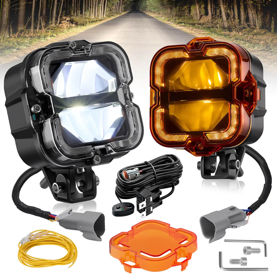 4.5In 172W LED Light Pods, Offroad Square Driving Light with Ring Style Amber DRL, 270° Wide Range Super Bright Side Shooter White Hyper Spot Beam Universal Lights with Amber Covers-2PCS | Hawkglow