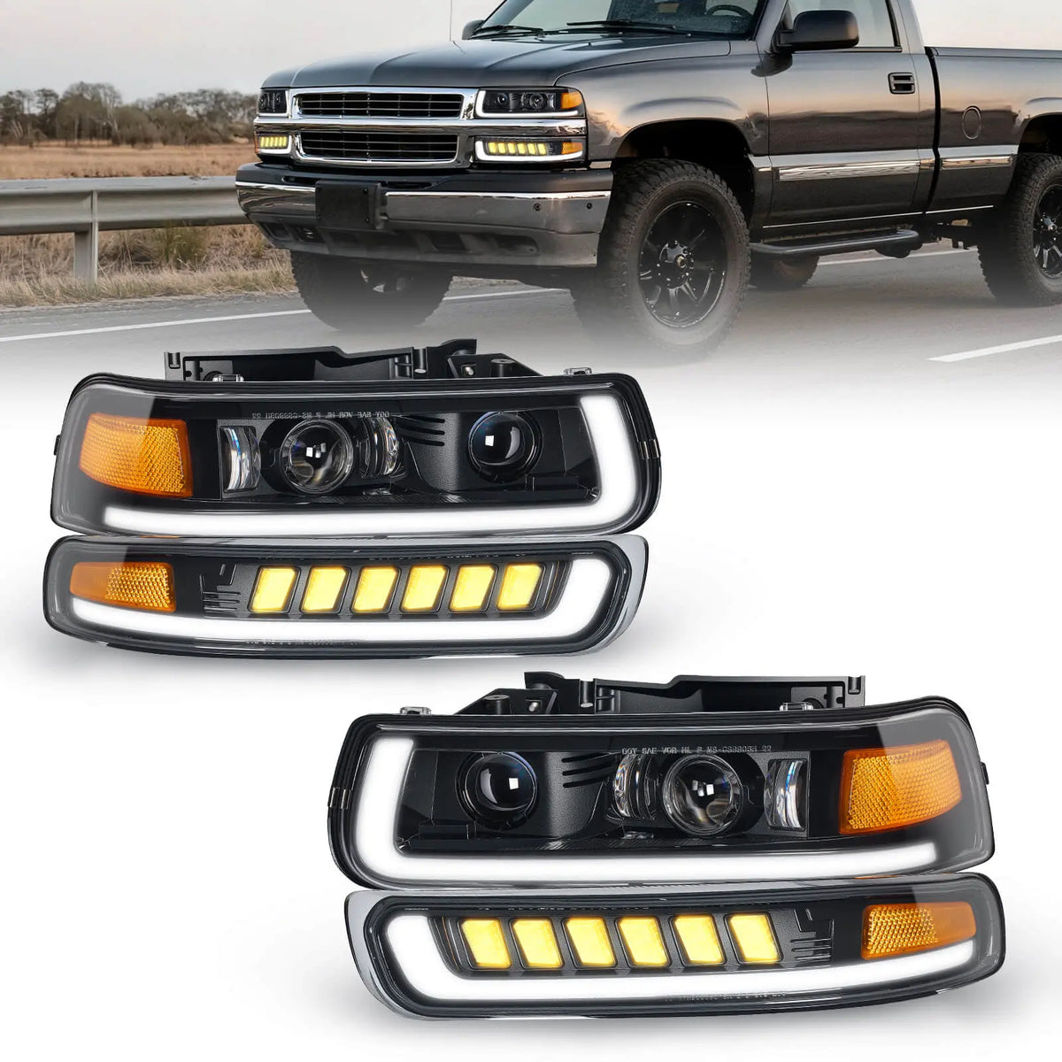 LED Headlights Assembly Headlamps Replacement Compatible with 1999-2002 Chevy Silverado 2000-2006 Chevy Suburban Tahoe DRL Turn Signal Hi/Low Beam with Bulbs (NOT FIT for GMC)