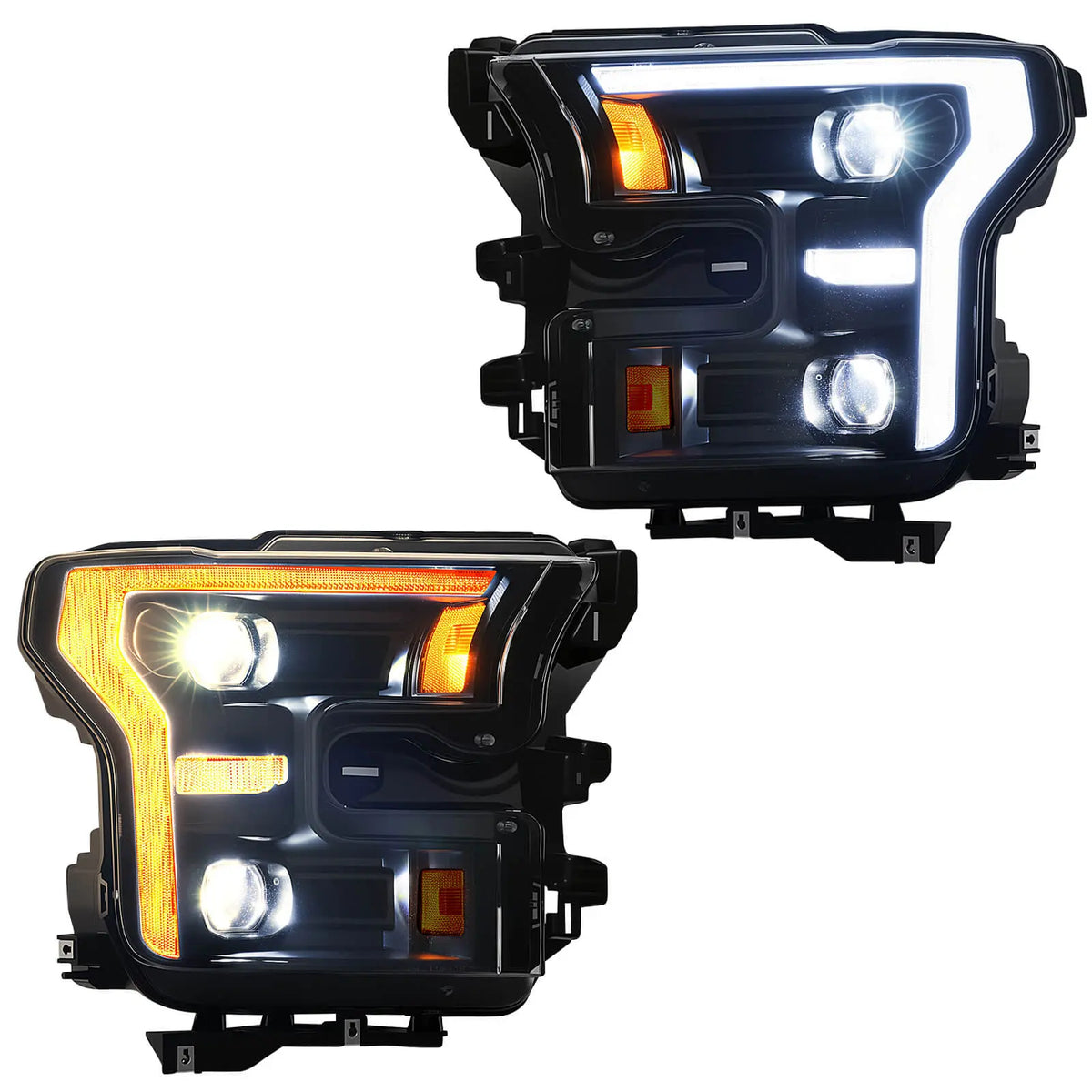 This 2015-2017 F-150 headlight replacement pair demonstrates the switchable dual-color DRL feature (white and amber).
