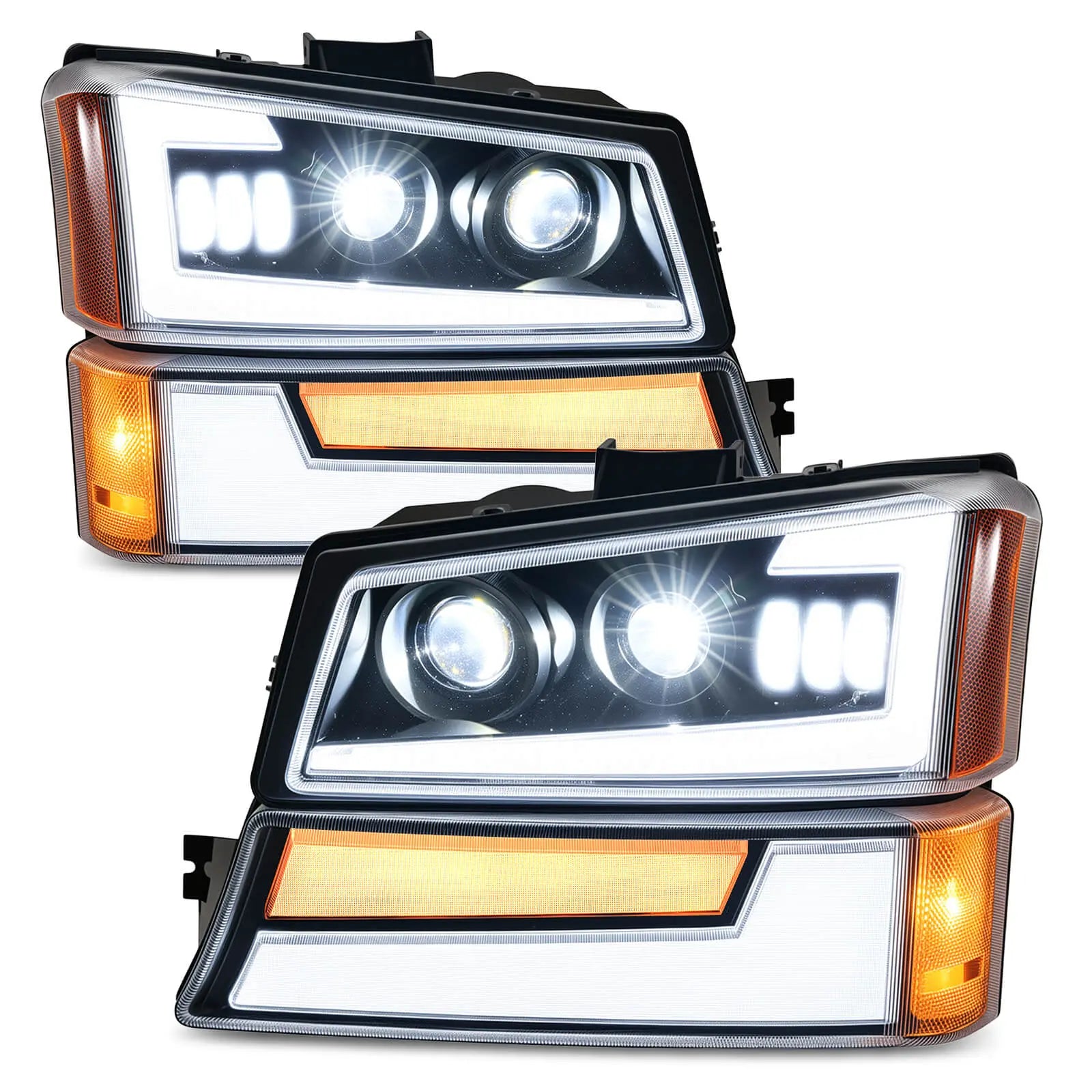 A pair of 2003-2006 Chevy Silverado LED headlight assemblies with black housing and DRL bars.