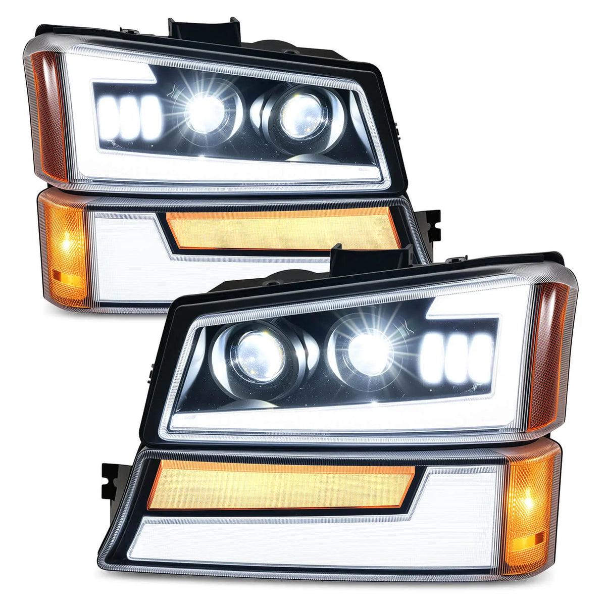 A pair of 2003-2006 Chevy Silverado LED headlight assemblies with black housing and DRL bars.
