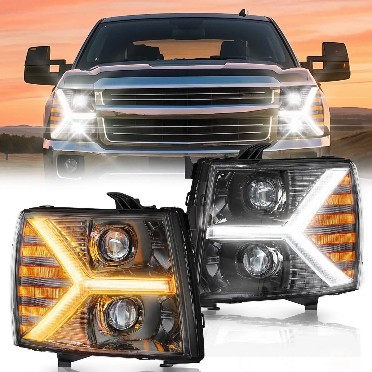 Headlights assembly for Chevy Silverado 1500 2500 HD 3500 HD 2007-2013, Headlight Assembly Pair with LED DRL Turn Signal & Clear Lens, Anti-Glare & Wateproof Head Light Assembly Set, Black | Hawkglow