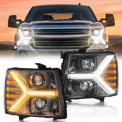 Headlights assembly for Chevy Silverado 1500 2500 HD 3500 HD 2007-2013, Headlight Assembly Pair with LED DRL Turn Signal & Clear Lens, Anti-Glare & Wateproof Head Light Assembly Set, Black | Hawkglow