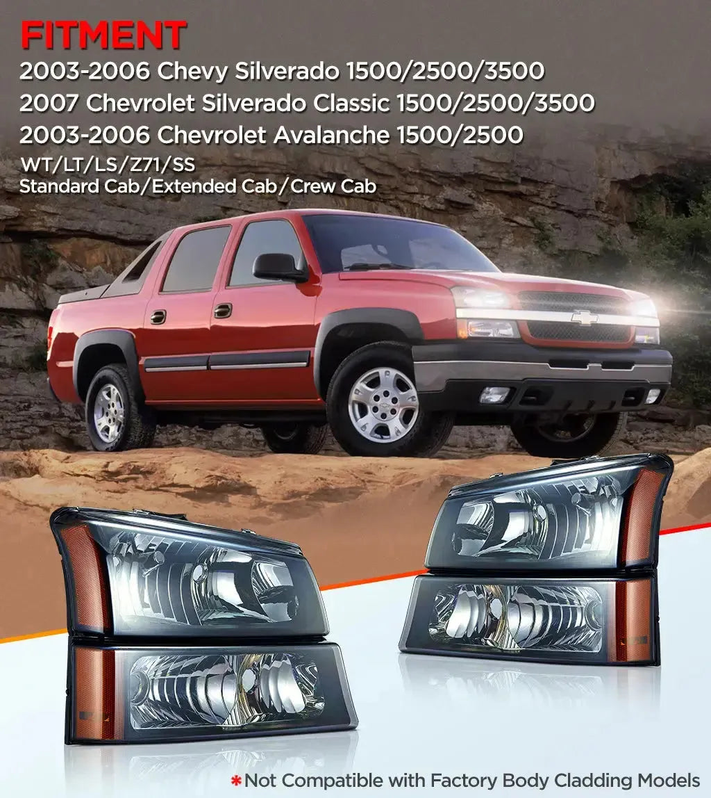 thumbnail image 2 of Black Housing Halogen Headlight Assembly Pair For 2003-2006 Chevy Silverado & Avalanche 1500/2500 – With Amber Reflector 2 of 4