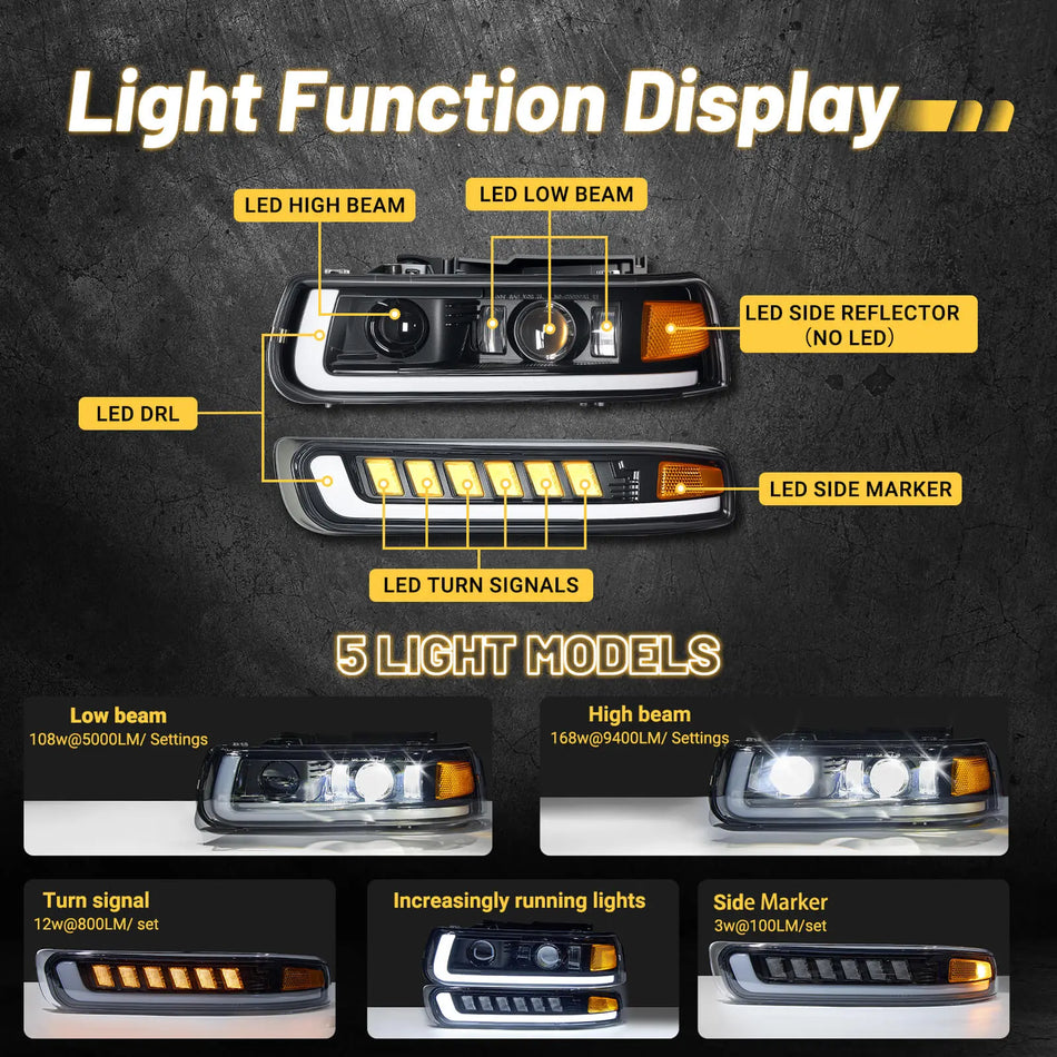 For 1999-2002 Chevy Silverado & 2000-2006 Suburban Tahoe LED Headlights Assembly Pair