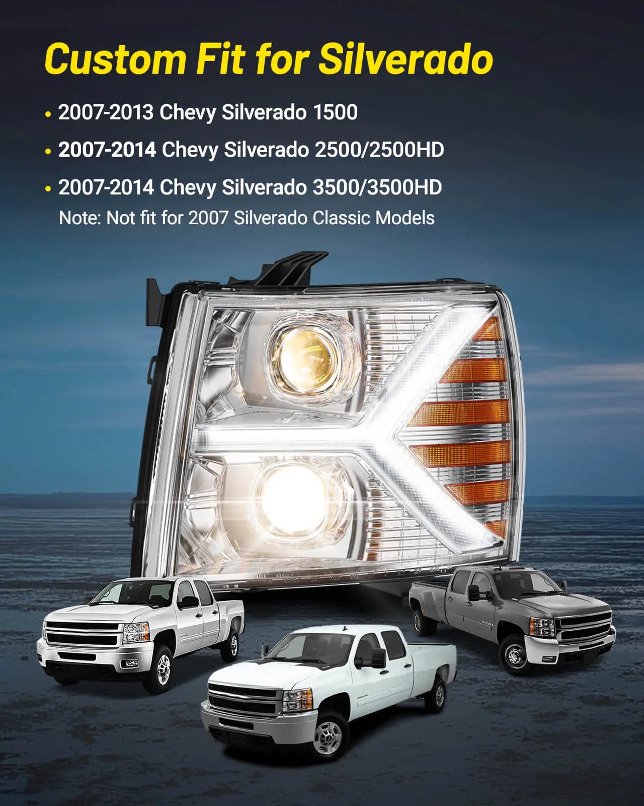 Headlights assembly for Chevy Silverado 1500 2500 HD 3500 HD 2007-2013, Headlight Assembly Pair with LED DRL Turn Signal & Clear Lens, Anti-Glare & Wateproof Head Light Assembly Set, Chrome | Hawkglow