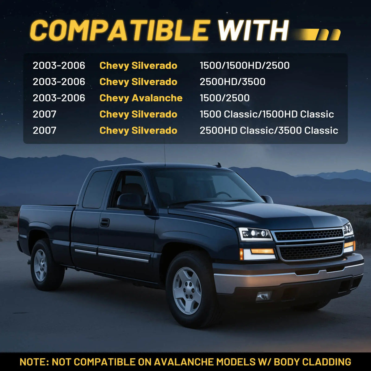 Fitment list for 2003-2006 Chevy Silverado headlights, including 2007 Classic models and 2003-2006 Chevy Avalanche.