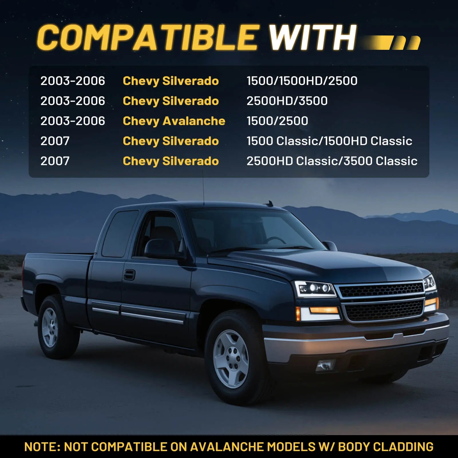 Fitment list for 2003-2006 Chevy Silverado headlights, including 2007 Classic models and 2003-2006 Chevy Avalanche.