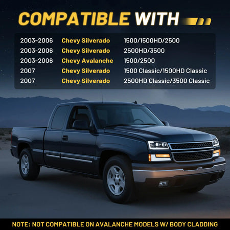 Fitment list for 2003-2006 Chevy Silverado headlights, including 2007 Classic models and 2003-2006 Chevy Avalanche.