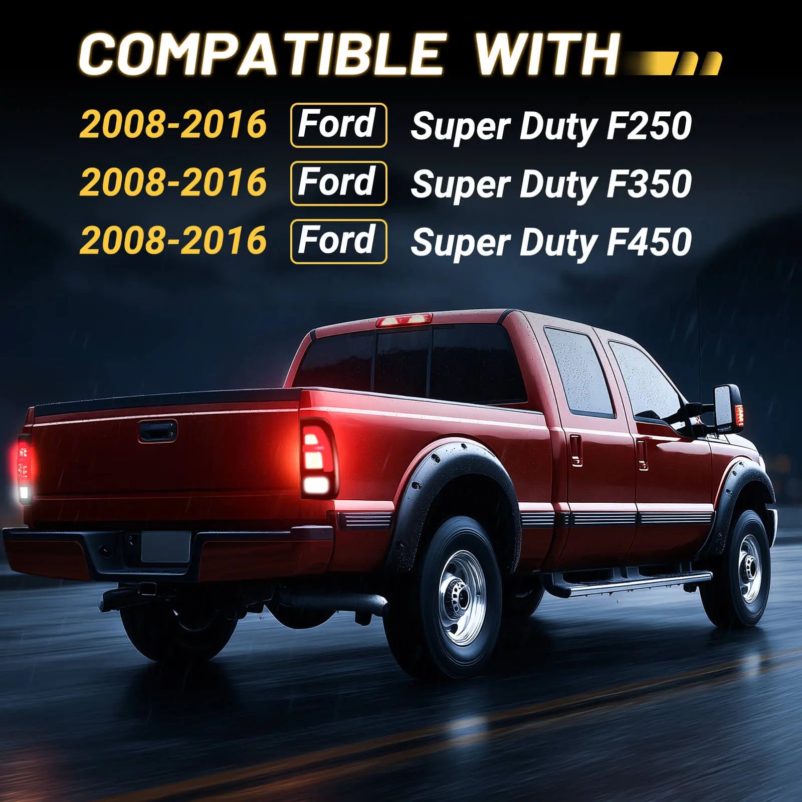 Fit for 2008-2016 Ford F250 F350 F450 LED Taillights , New Upgrade F Fashion Style, Rear Brake Stop/Reverse Lights/Running Lights/Turn Signal Tail Lamp (2PCS, Passenger & Driver Side) | Hawkglow
