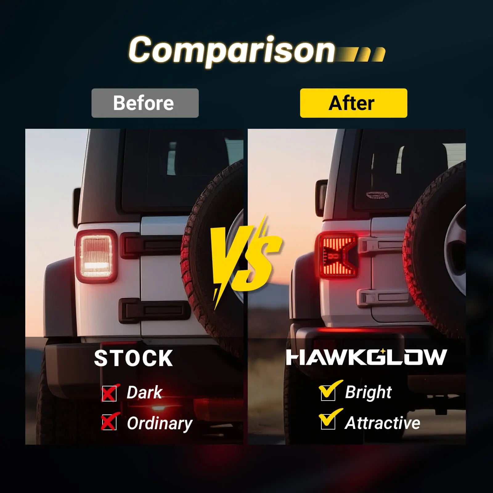 Comparison between stock Wrangler JL tail lights and Hawkglow LED version