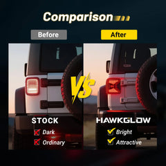 Comparison between stock Wrangler JL tail lights and Hawkglow LED version