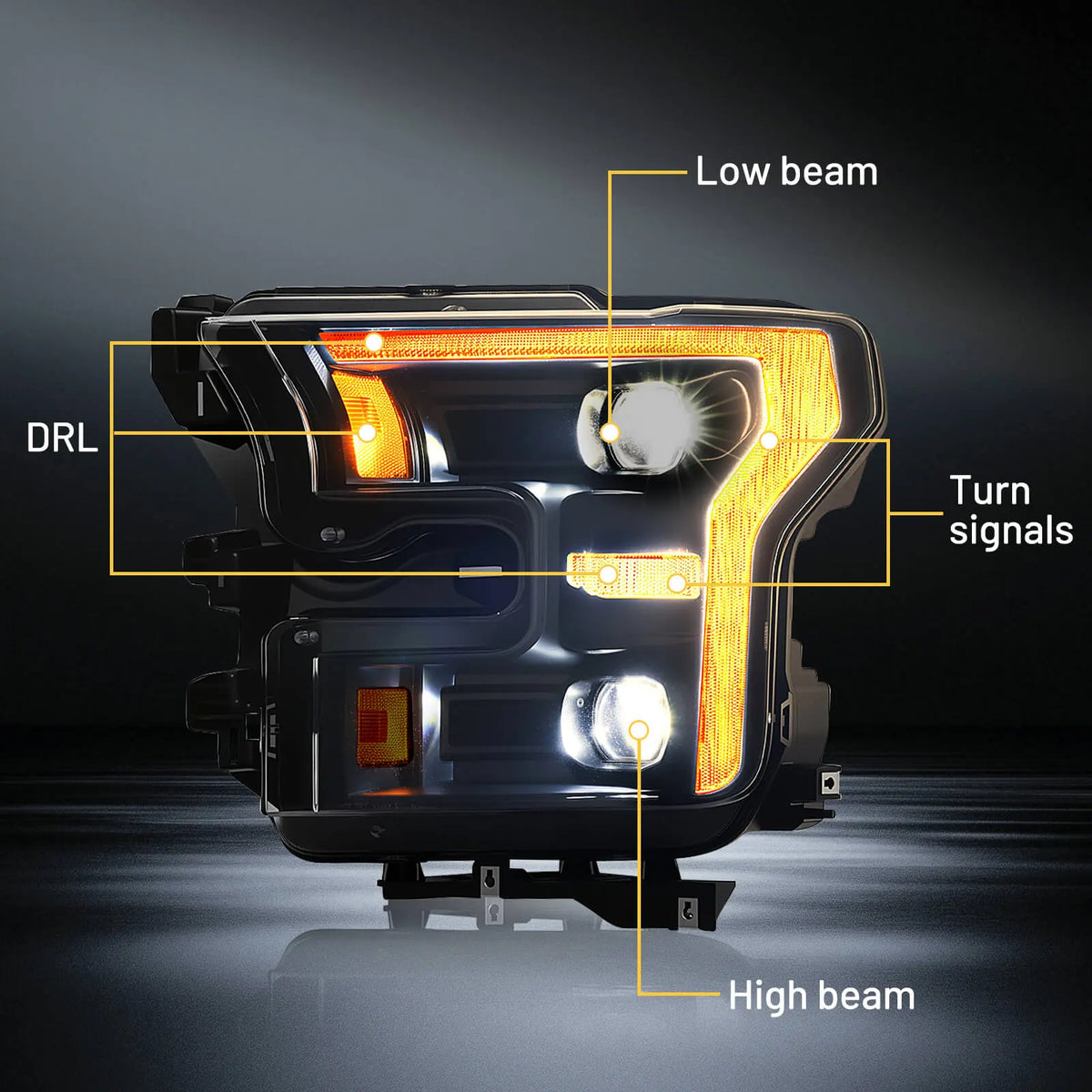 A close-up diagram of this 2015-2017 F-150 headlight assembly, labeling the DRL, turn signals, and high/low beam projectors.