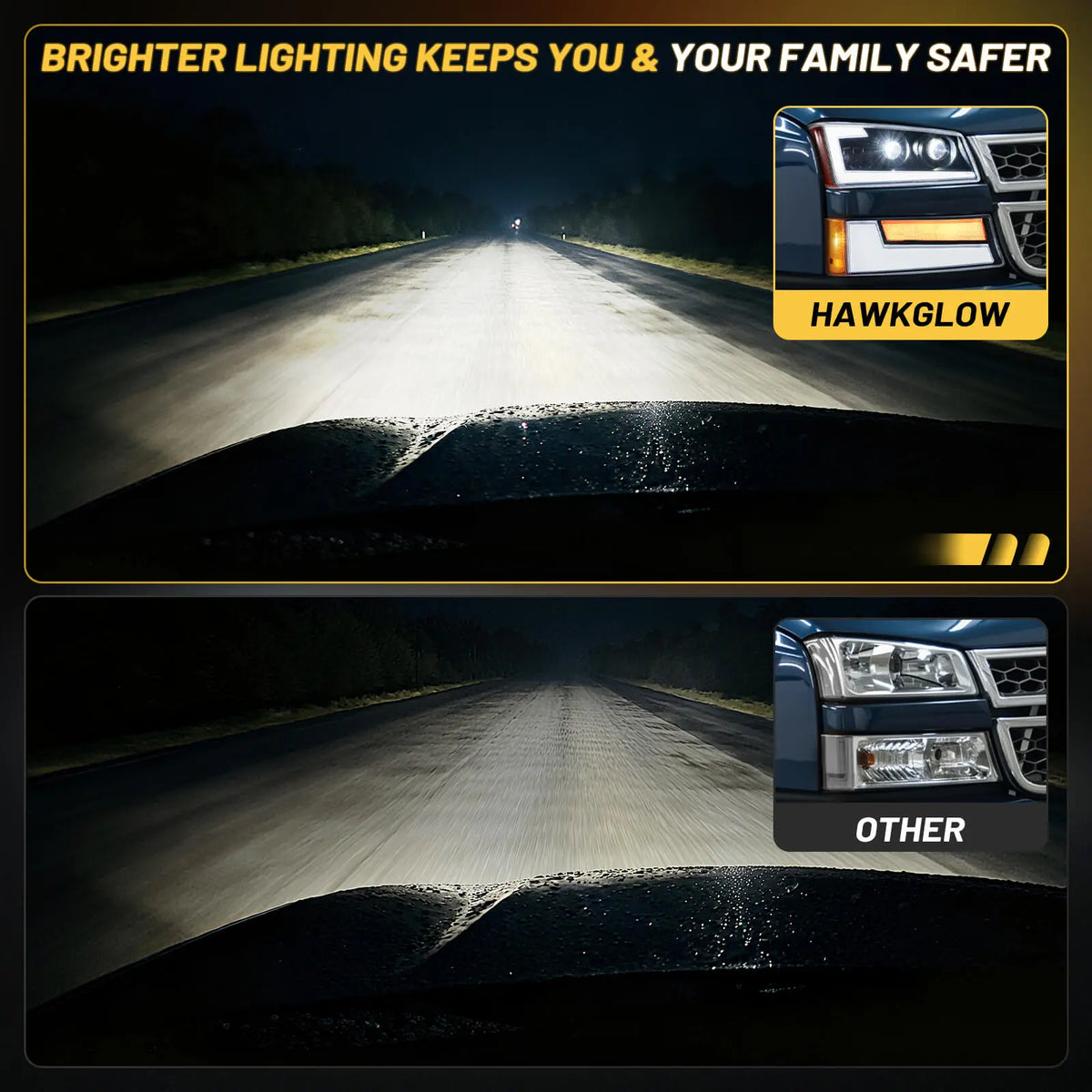 Night driving visibility comparison of Hawkglow LED headlights for 2006 Chevy Silverado vs. dim factory lights.