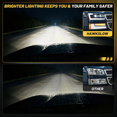 Night driving visibility comparison of Hawkglow LED headlights for 2006 Chevy Silverado vs. dim factory lights.