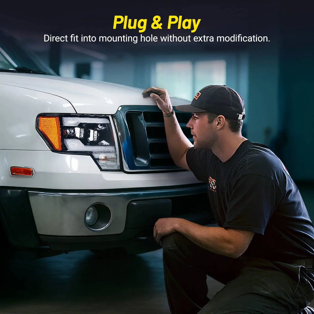 Demonstration of the easy plug-and-play installation of the Ford F-150 headlight assembly, showing a direct fit without modification.