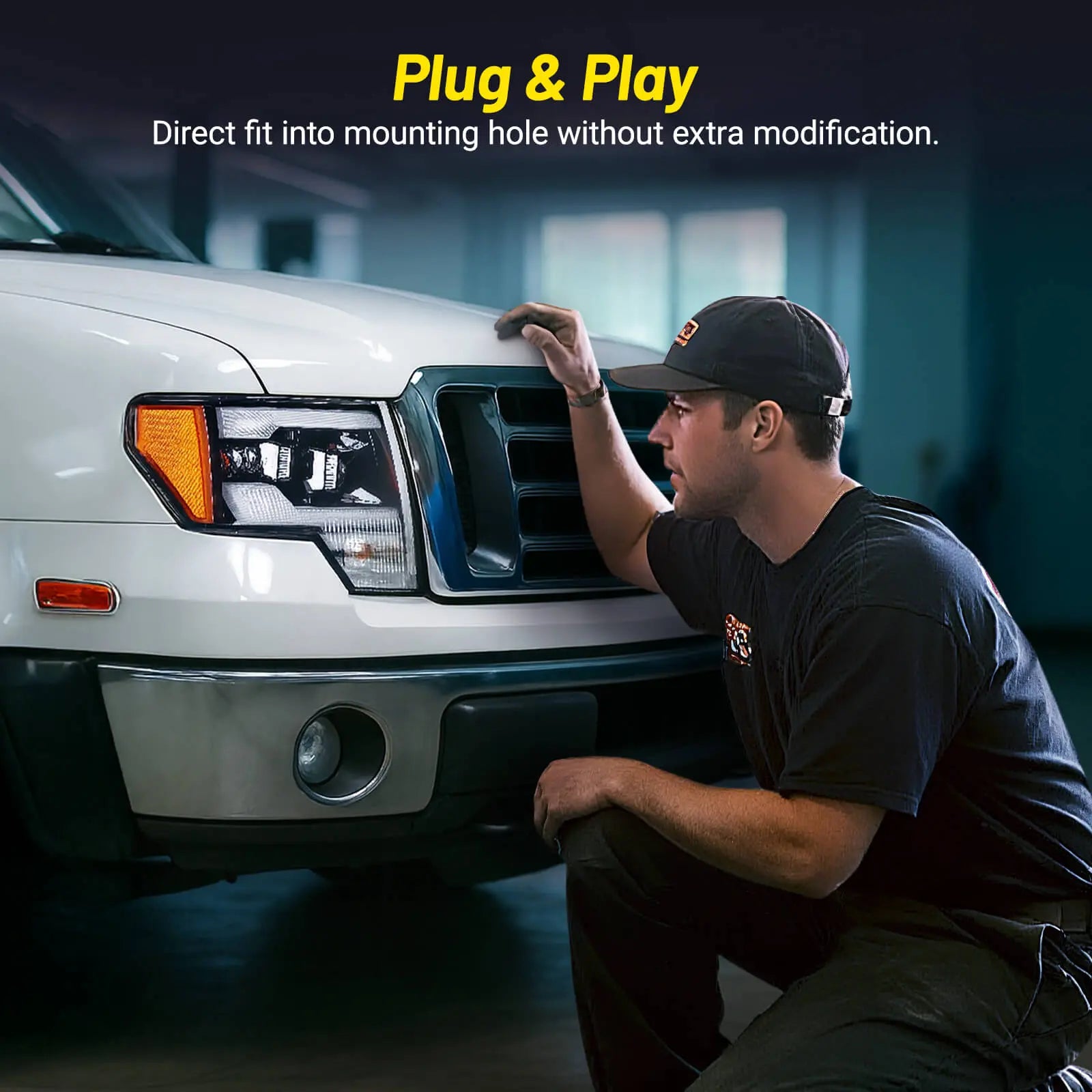 Demonstration of the easy plug-and-play installation of the Ford F-150 headlight assembly, showing a direct fit without modification.