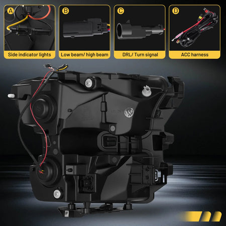 The back of the 2015-2017 F-150 headlight assembly, detailing the plug-and-play installation points for the low/high beam, DRL, and side indicator.