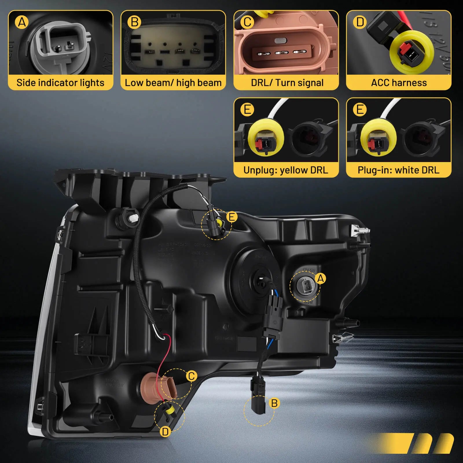 A detailed view of the back of this 2009-2014 ford f150 headlight replacement, showing all the plug-and-play connectors and installation points.
