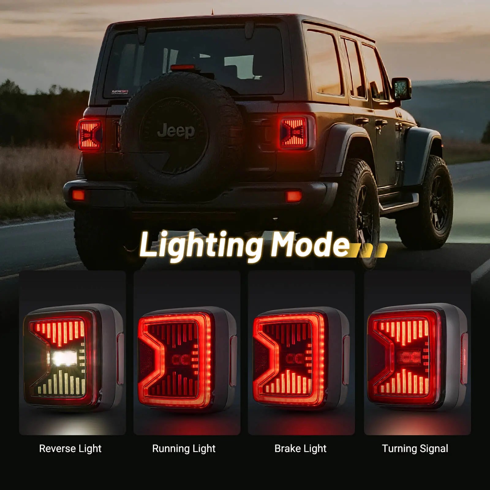 4 lighting mode of the Jeep JL LED tail lights