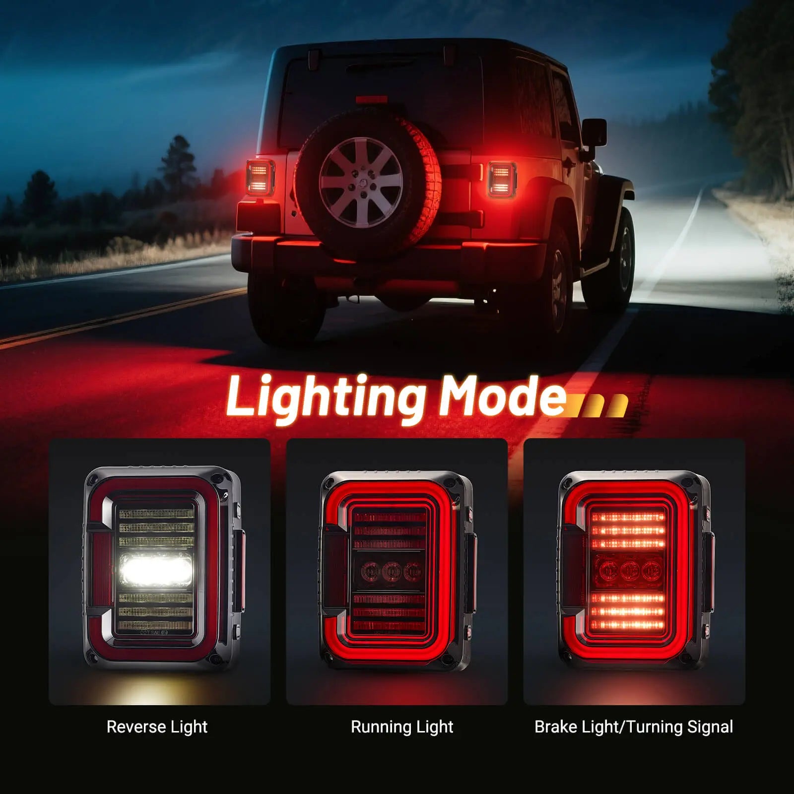 Jeep JK LED Tail Lights on a road with different tail light modes displayed