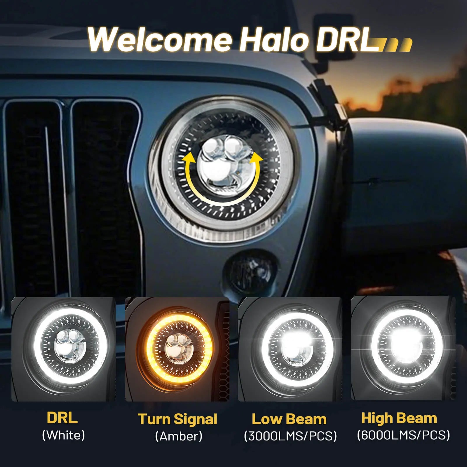 Hawkglow New 1000% Bright Anti-glare 7 Inch Led Headlights Round Compatible with Jeep Wrangler JK JKU TJ LJ Chevy Ford GMC etc w/Starry DRL Start-up Gradient Halo Turn Signal H6024 DOT Hi/Lo Sealed Beam