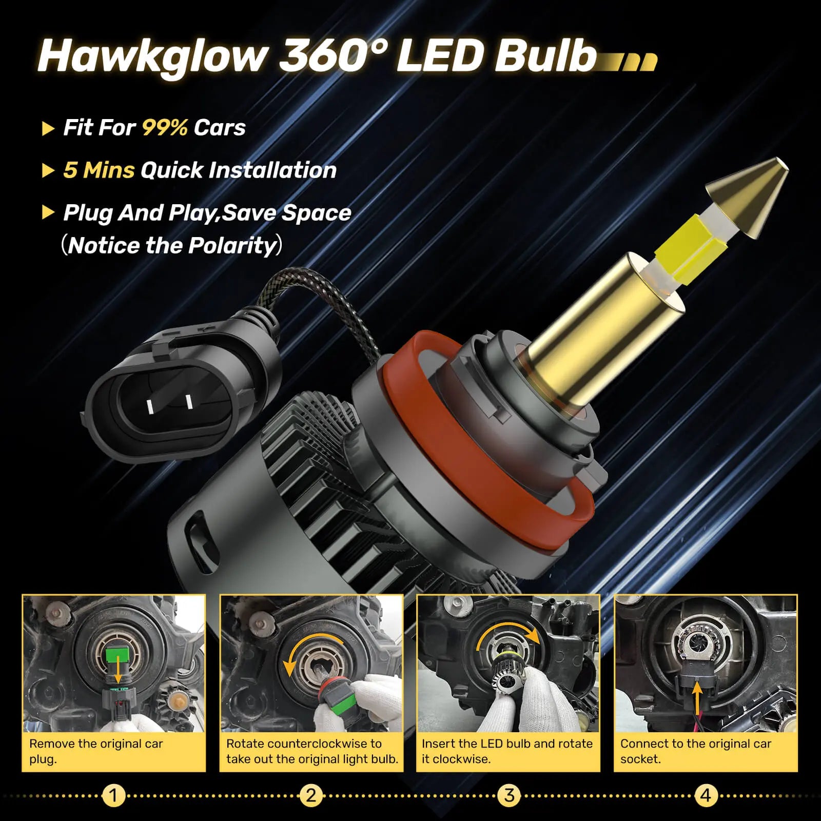 RD09 Bullet H11/H8/H9 130W 360°Full Illumination LED Headlight Bulbs 900% Brighter Than Halogen and 60000Hrs Lifespan | Hawkglow