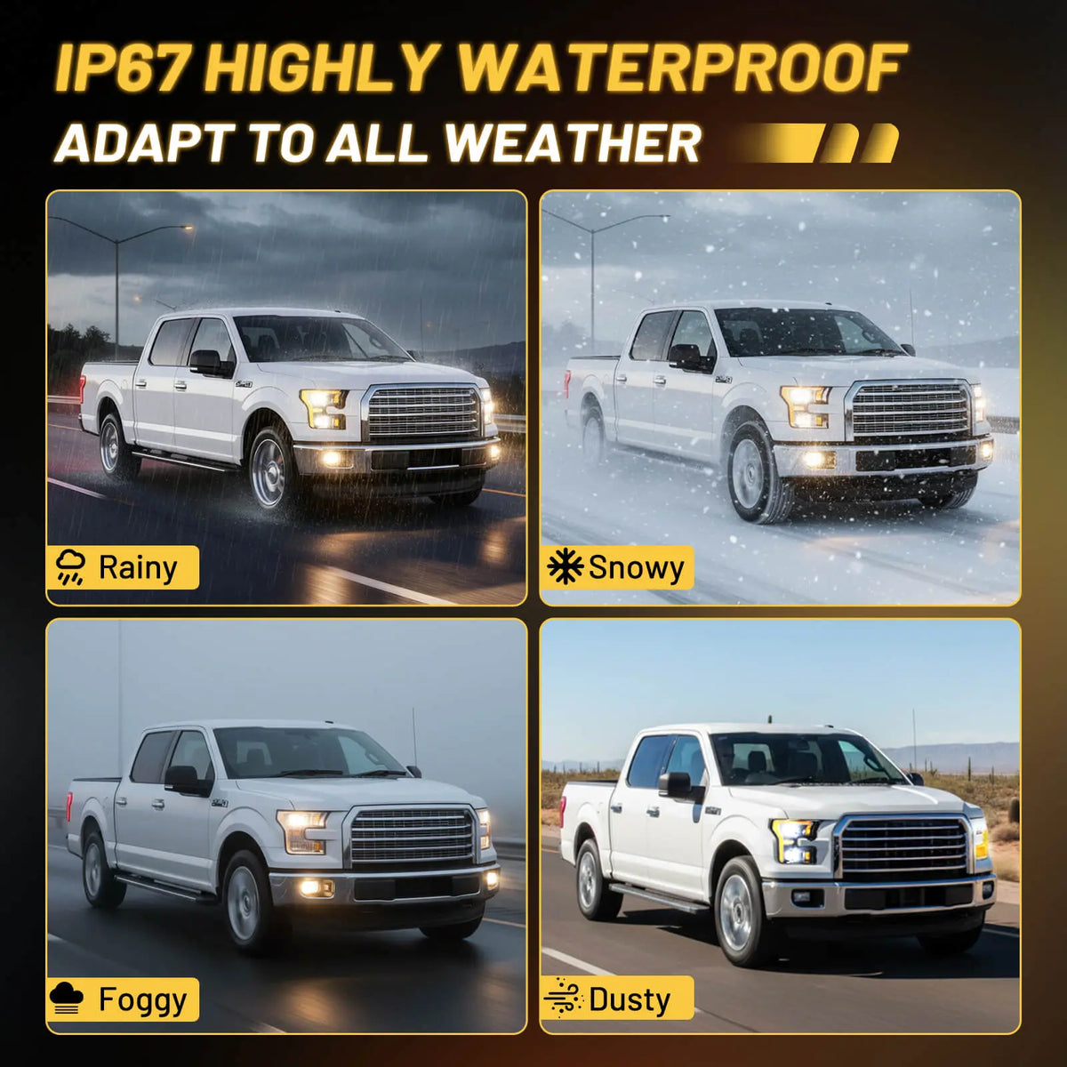 The IP67 waterproof design of the 2017 f150 headlights ensures all-weather reliability in rainy, snowy, foggy, and dusty conditions.