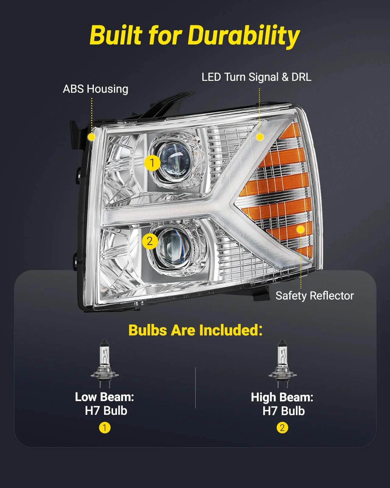 Headlights assembly for Chevy Silverado 1500 2500 HD 3500 HD 2007-2013, Headlight Assembly Pair with LED DRL Turn Signal & Clear Lens, Anti-Glare & Wateproof Head Light Assembly Set, Chrome | Hawkglow