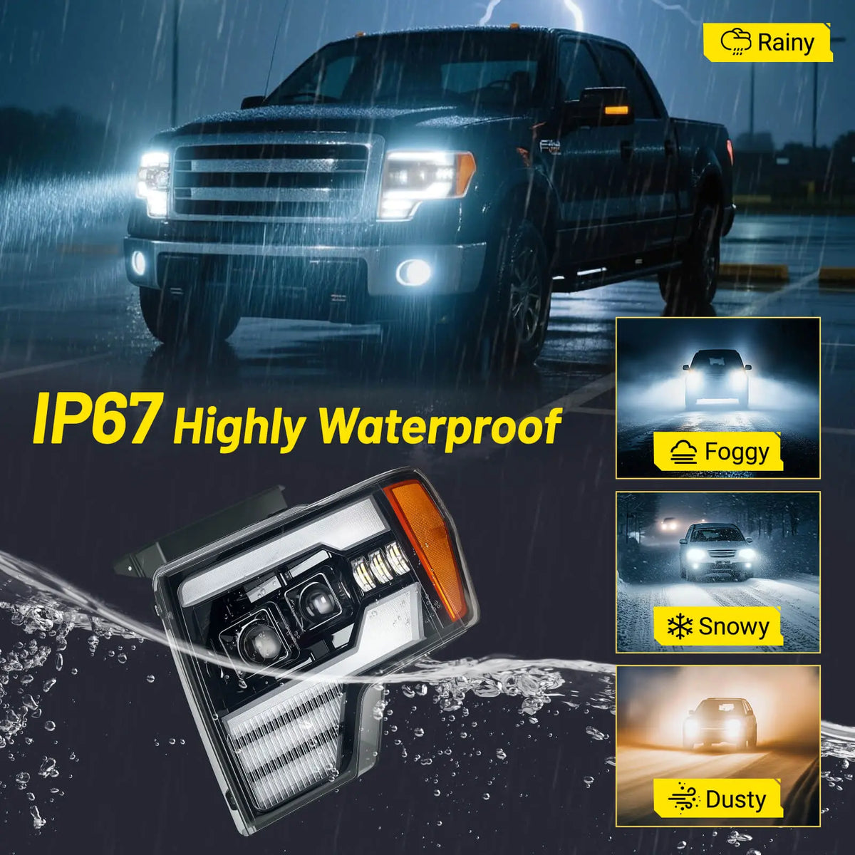 An image showcasing the IP67 highly waterproof rating of the F-150 headlight assembly, demonstrating its durability in rainy, foggy, snowy, and dusty conditions.