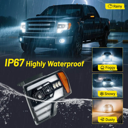 An image showcasing the IP67 highly waterproof rating of the F-150 headlight assembly, demonstrating its durability in rainy, foggy, snowy, and dusty conditions.