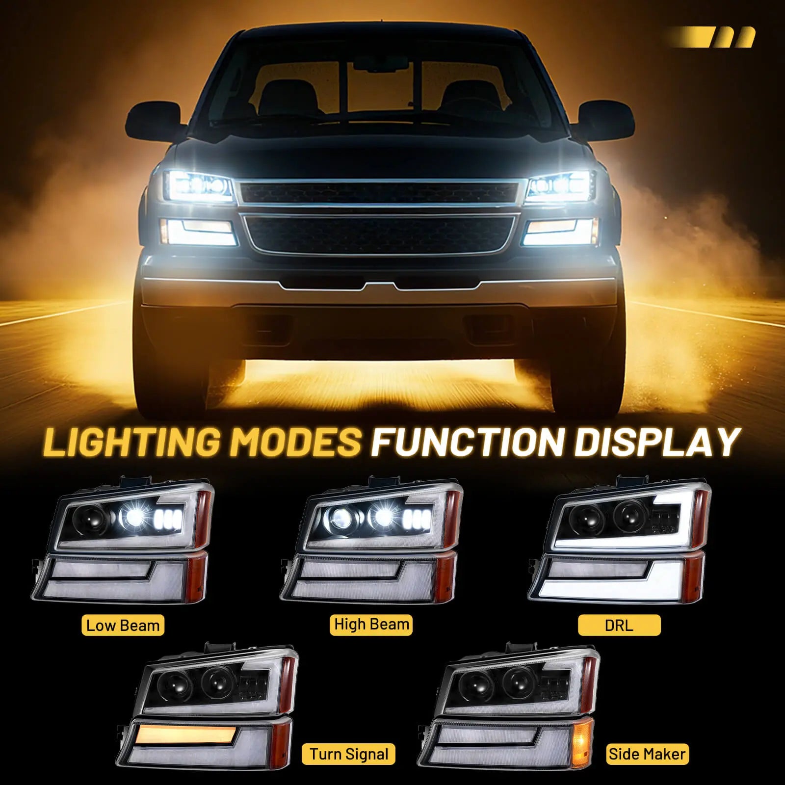 The 5-in-1 lighting modes for 2005 Chevy Silverado headlights, displaying DRL, turn signal, and high/low beams.
