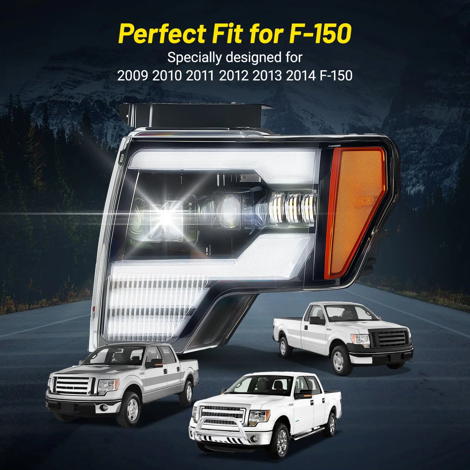 Fit for Ford F150 2009-2014, Full LED Headlight with 5 Light Modes & Perfect Beam Pattern, IP67 Waterproof & Plug-N-Play Projector Headlight | Hawkglow