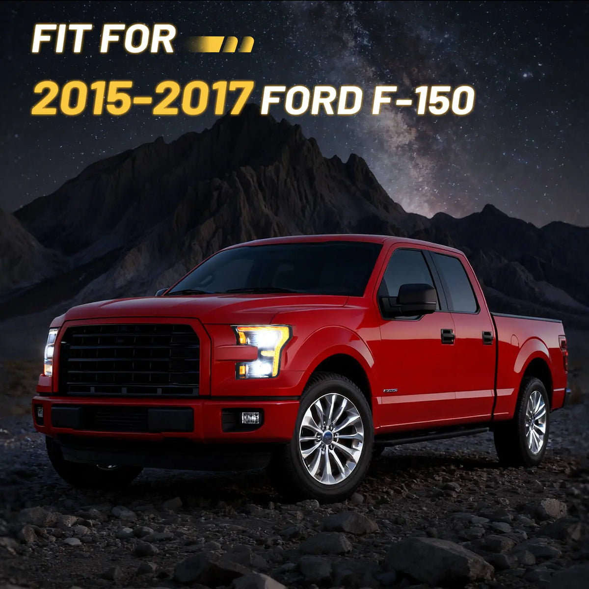 A red 2015 Ford F-150 with aftermarket headlights, illustrating the perfect fit for the 2015-2017 model range.